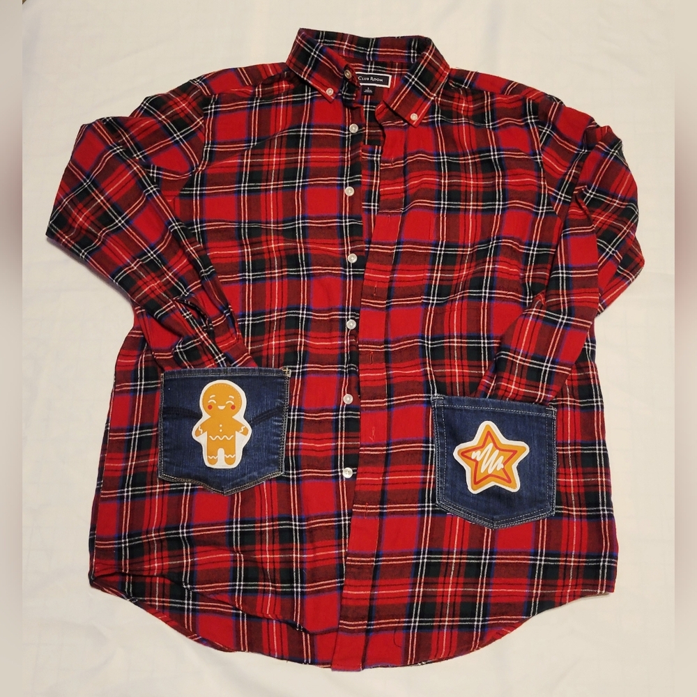 UPCYCLED REMADE REFASHIONED Red Plaid Cookie Baking Crew Shirt SZ LARGE - Picture 3 of 5
